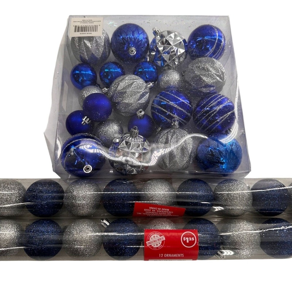 Christmas House Holiday Tree Blue Silverβ Ornament Set 45 Balls Indoor Glitter